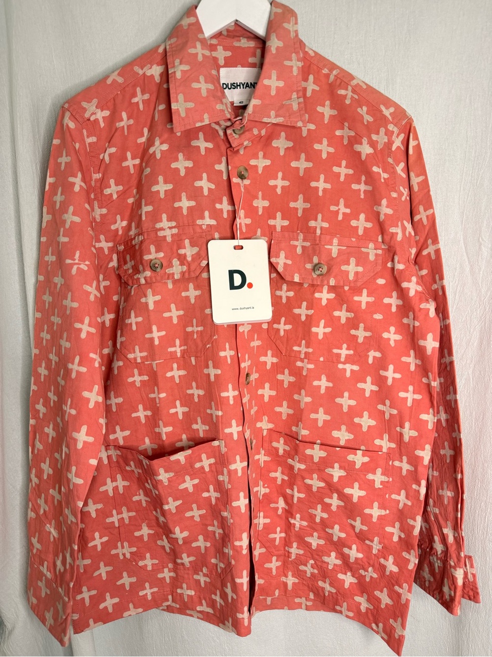 Artisan-Made, Coral and Cream Cross-Print Button-Up Over Shirt sz S